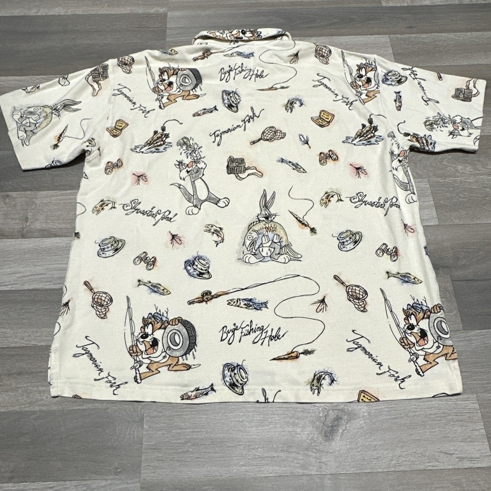 Warner Bros Men's Beige Polo Shirt Sz XL Taz Tazmanian Bugs Bunny All over Print - Picture 2 of 6